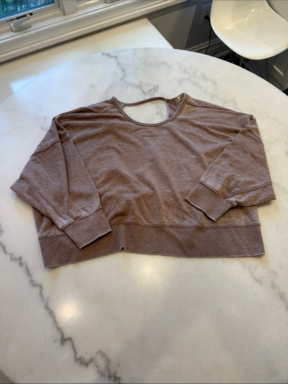 lovestitch Cropped Crewneck Sweatshirt in Taupe Brown with open back